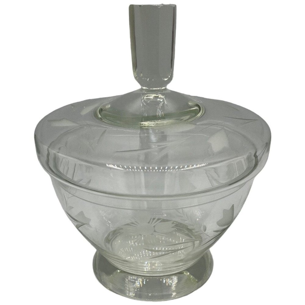 Vintage Engraved Floral Crystal Candy Dish with Lid Clear Glass READ - Picture 3 of 14